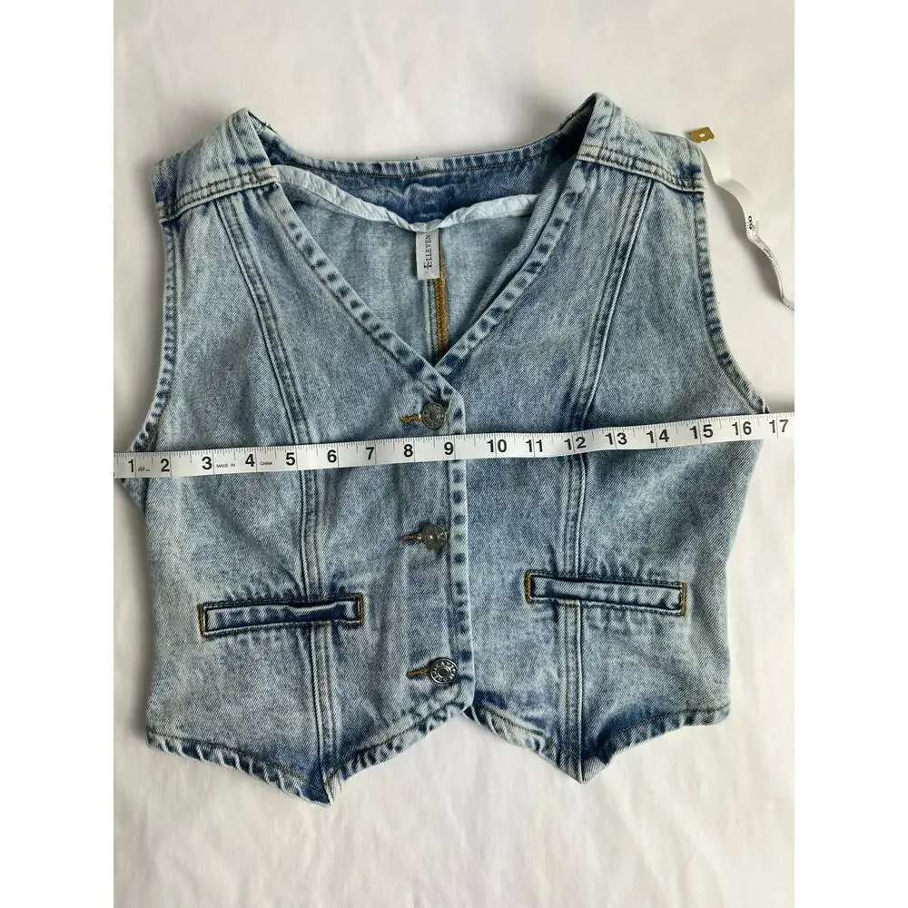 Sleeveless Light Wash Denim Vest - Crop Button Front - Picture 6 of 7